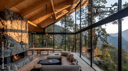 Mountain cabin living room sunset view; modern architecture design