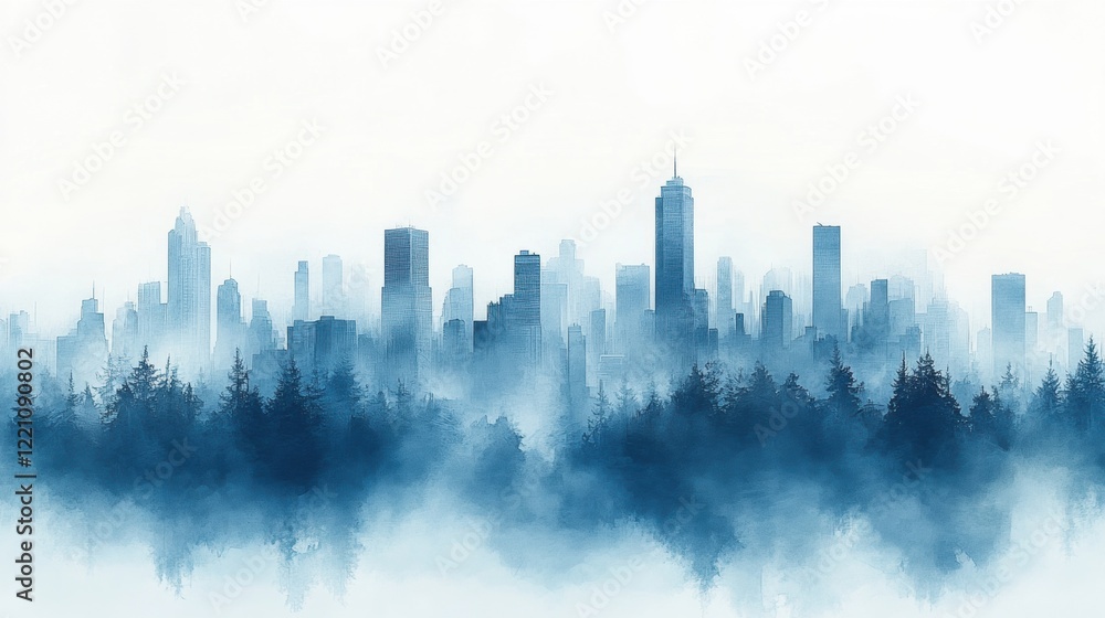 Misty urban skyline over forest at dawn: a dreamlike cityscape Misty urban skyline over forest at dawn: a dreamlike cityscape