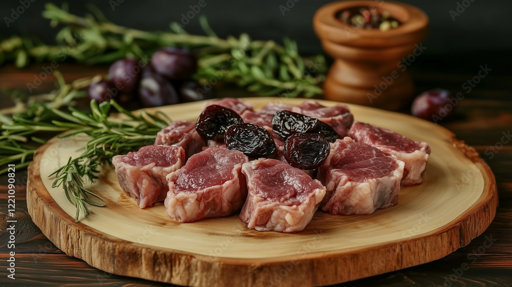 Raw lamb cubes with prunes and fresh rosemary on a wooden cutting board, perfect for cooking Raw lamb cubes with prunes and fresh rosemary on a wooden cutting board, perfect for cooking