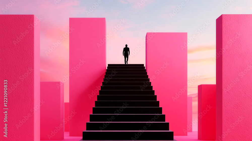 Ascending steps of opportunity with business goals at the summit, futuristic design, 3D illustration, Ascending steps of opportunity with business goals at the summit, futuristic design, 3D illustration,
