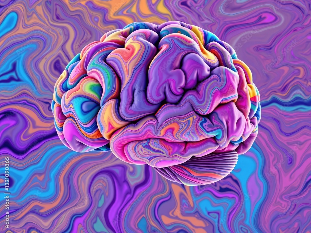 Obraz premium A colorful brain with mixing colors creating a marbled effect, mixed hues, shimmering effects