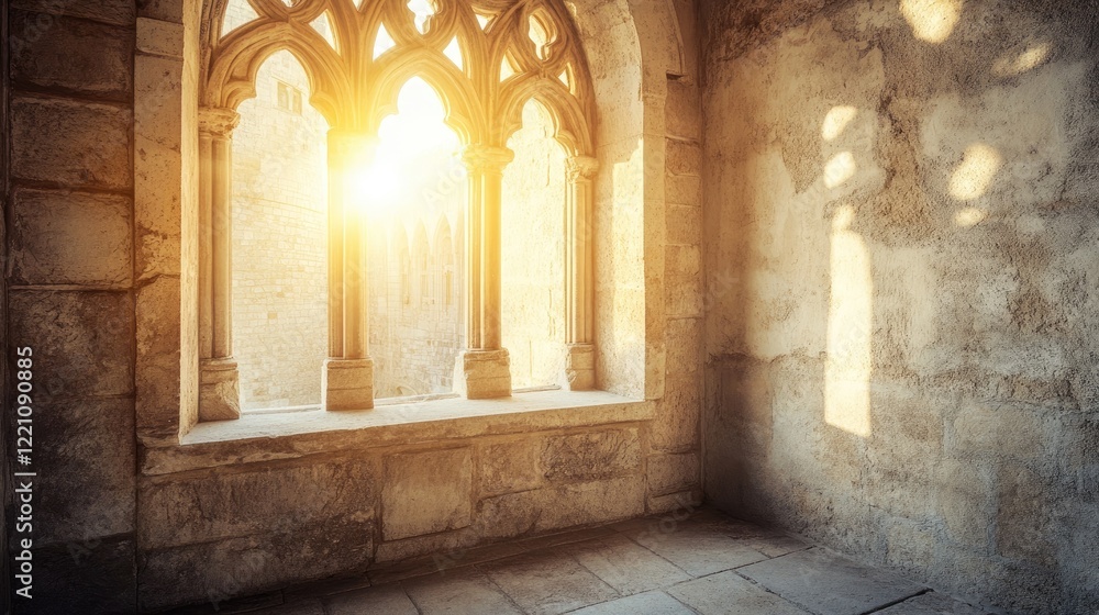 Naklejka premium An elegant arch window with intricate carvings in an ancient stone building, bathed in warm sunlight streaming through its frame.