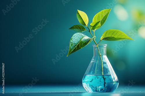 A laboratory flask with a green shoot on a blue background. Harmony between technology and life. Searching for new ways to interact with nature without harming it.