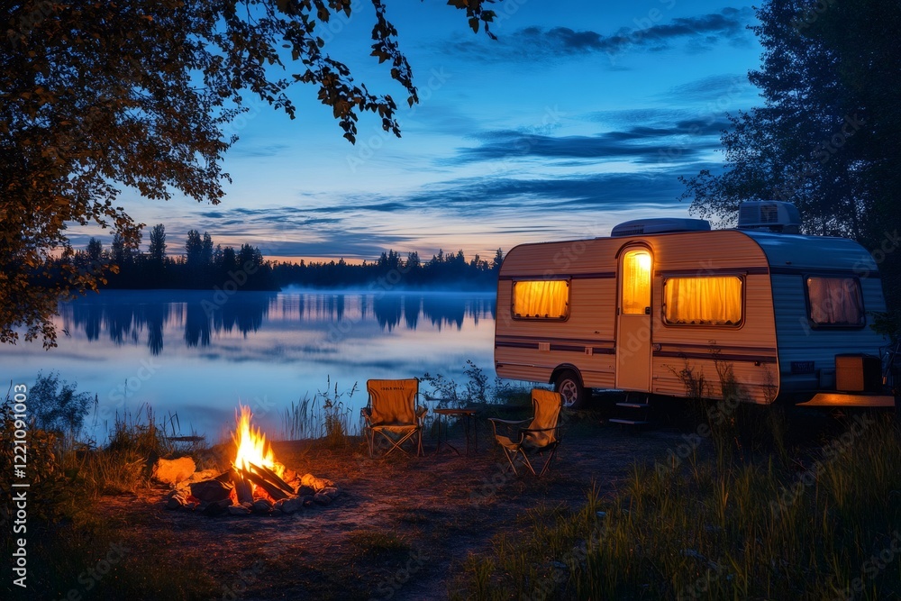 Camper enjoying a campfire near lake at dusk Camper enjoying a campfire near lake at dusk