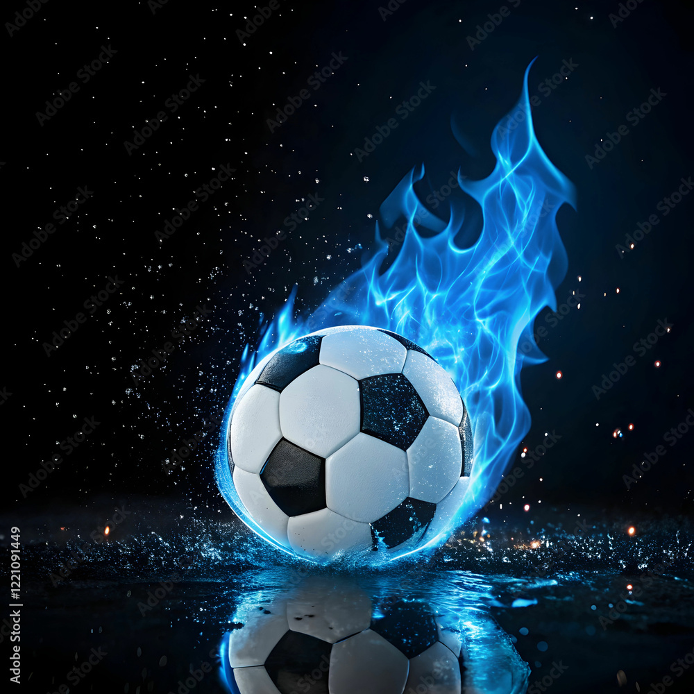 Fototapeta premium soccer ball on blue fire rotating with reflection