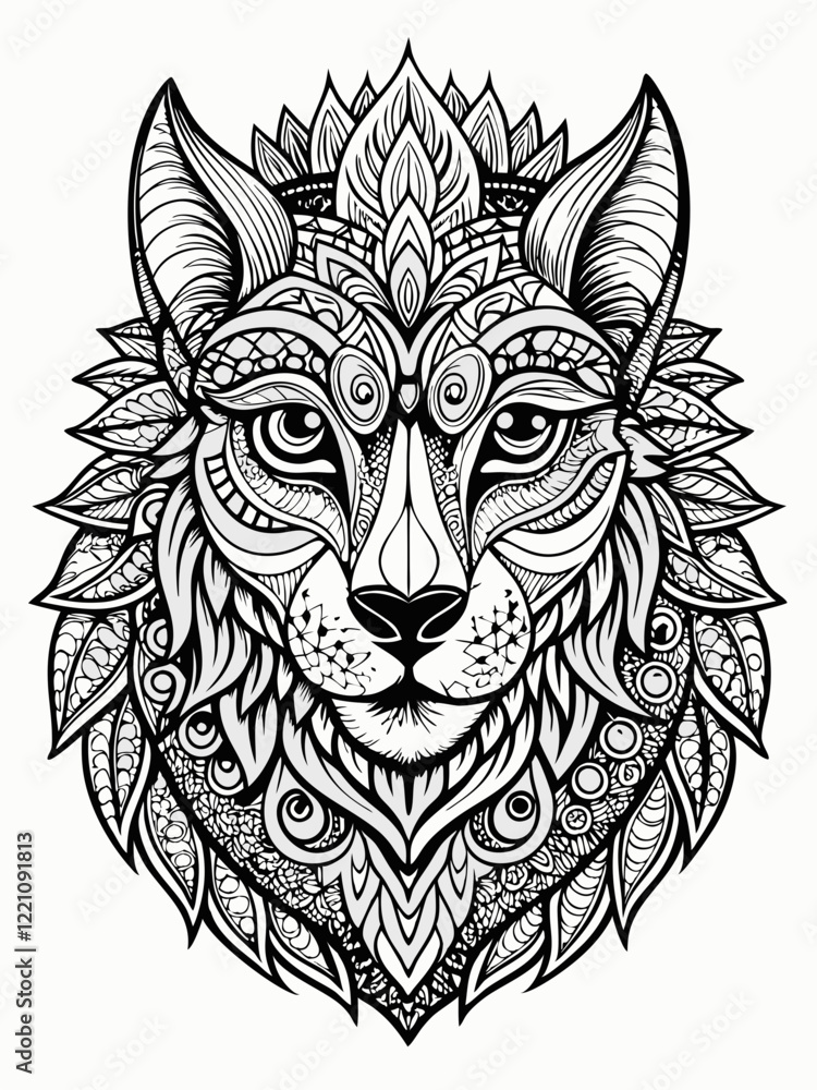 Obraz premium Animal Face Mandala Coloring Page for Adults, black and white, black line art, Isolated on white background