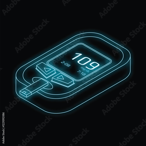 Neon glowing icon of a glucose meter showing blood sugar level, good for healthcare concepts