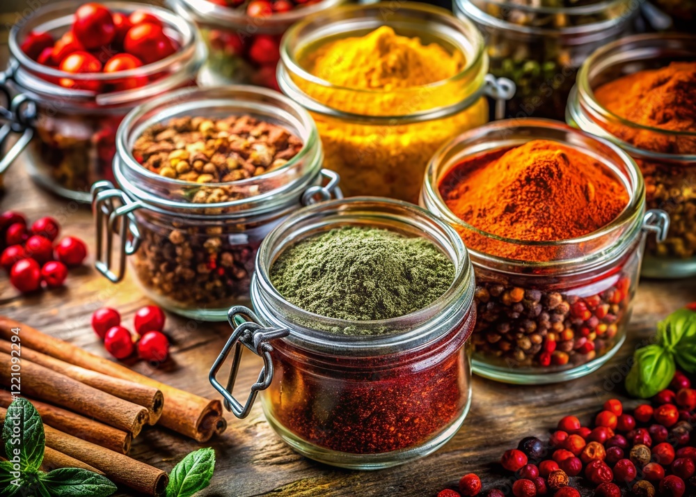 Vibrant Spice Collection: Aromatic Herbs and Spices in a Glass Jar Vibrant Spice Collection: Aromatic Herbs and Spices in a Glass Jar