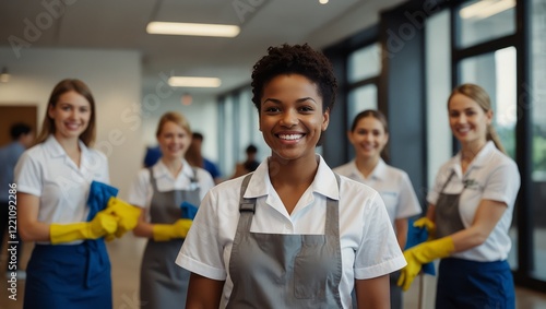A diverse team of cleaning staff in a corporate setting, smiling and high-fiving each other as they complete their cleaning duties together