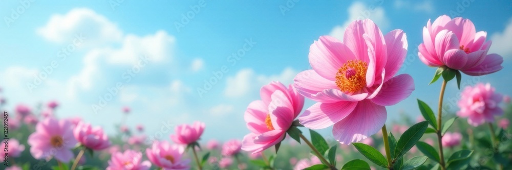 Gentle pink peonies unfold against a vast blue sky, garden, blooms, pink peonies Gentle pink peonies unfold against a vast blue sky, garden, blooms, pink peonies