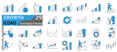 Growth icon set. Containing performance, gain, improvement, grow, chart, increase, evolution and development icons. Set icon collection. Vector illustration.