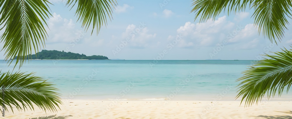 Tropical paradise beach with calm turquoise waters, a green island on the horizon and palm leaves providing shade under a sunny blue sky - ideal for a peaceful getaway banner and cover Tropical paradise beach with calm turquoise waters, a green island on the horizon and palm leaves providing shade under a sunny blue sky - ideal for a peaceful getaway banner and cover