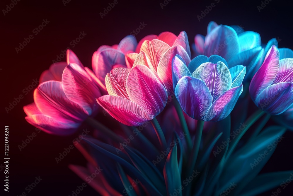 Fototapeta premium A vivid bouquet of tulips in a stunning blend of colors, showcasing their delicate petals and vibrant hues against a dark background.