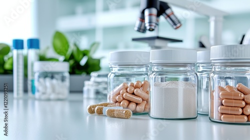 Health supplements with advanced formulations. Assorted medication jars with capsules and powder in a modern laboratory setting.