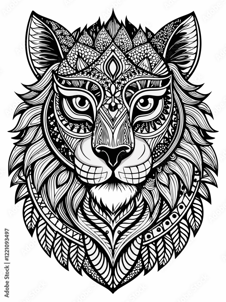 Obraz premium Animal Face Mandala Coloring Page for Adults, black and white, black line art, Isolated on white background