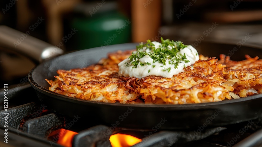 Fried potato cakes garnished with a dollop of sour cream highlight the beauty of comforting food, perfect for any meal or gathering with friends. Fried potato cakes garnished with a dollop of sour cream highlight the beauty of comforting food, perfect for any meal or gathering with friends.