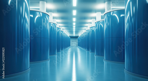 Row of blue storage tanks illuminated by bright lights in a clean industrial environment photo