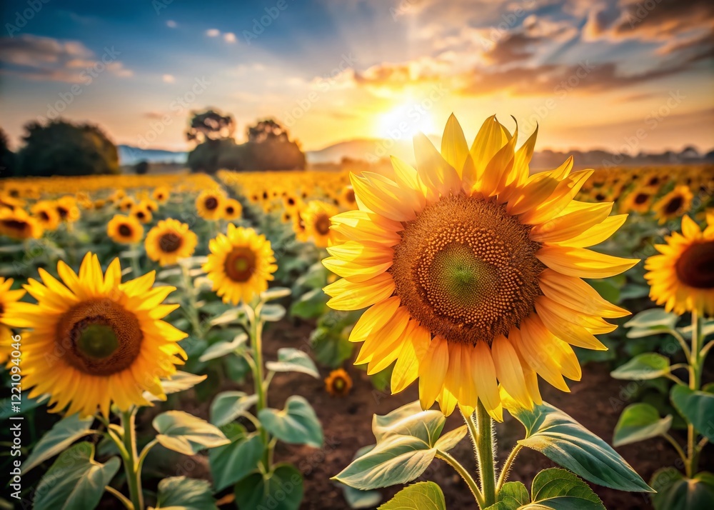 Obraz premium Vibrant Sunflowers in Field, Copy Space for Text - Summer Bloom Stock Photo