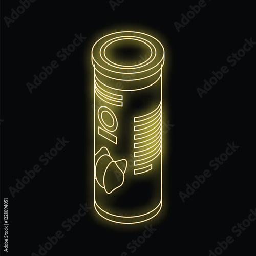 Isometric neon glowing yellow pringles chips aluminum can mockup on black background