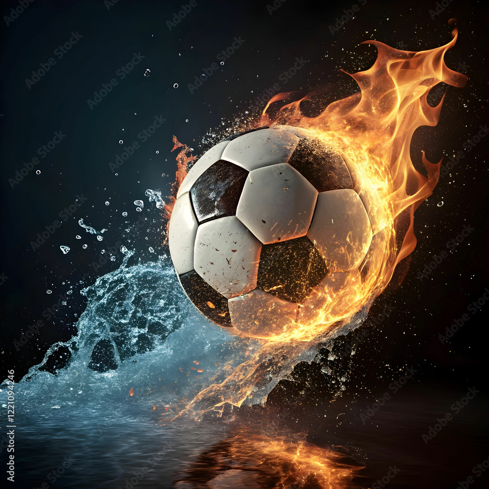 Naklejka premium soccer ball on fire rotating with water splash