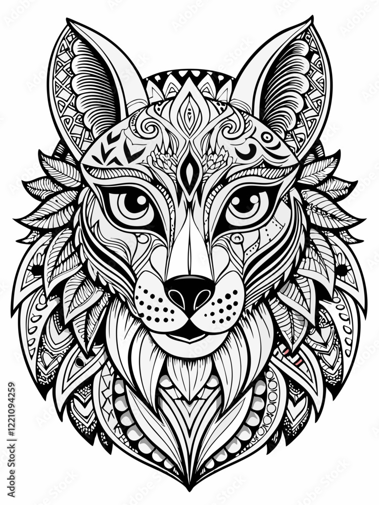 Obraz premium Animal Face Mandala Coloring Page for Adults, black and white, black line art, Isolated on white background