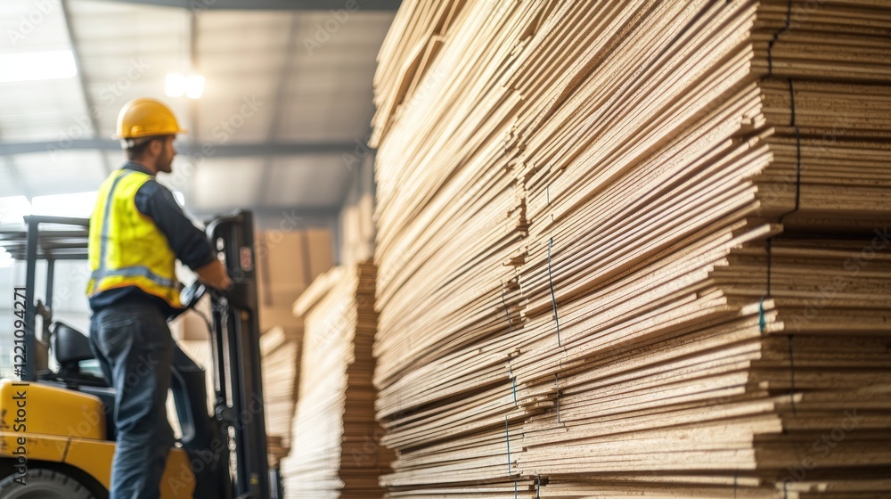 Worker operating forklift moves stacks of wood planks Worker operating forklift moves stacks of wood planks