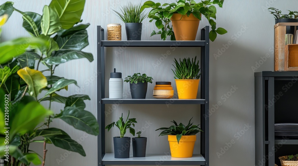Modern Shelf with Greenery and Stylish Pots Modern Shelf with Greenery and Stylish Pots