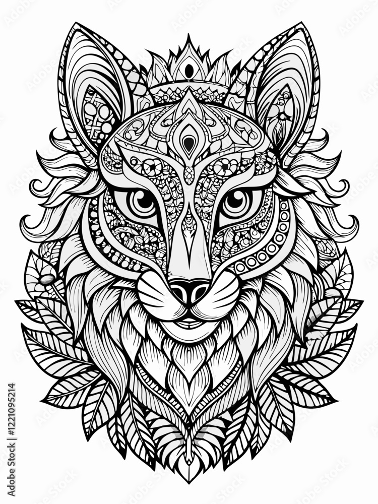 Fototapeta premium Animal Face Mandala Coloring Page for Adults, black and white, black line art, Isolated on white background