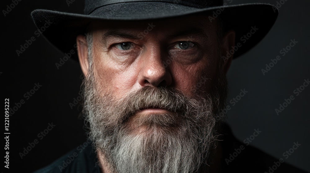 A weathered man with a long grey beard wears a black hat A weathered man with a long grey beard wears a black hat