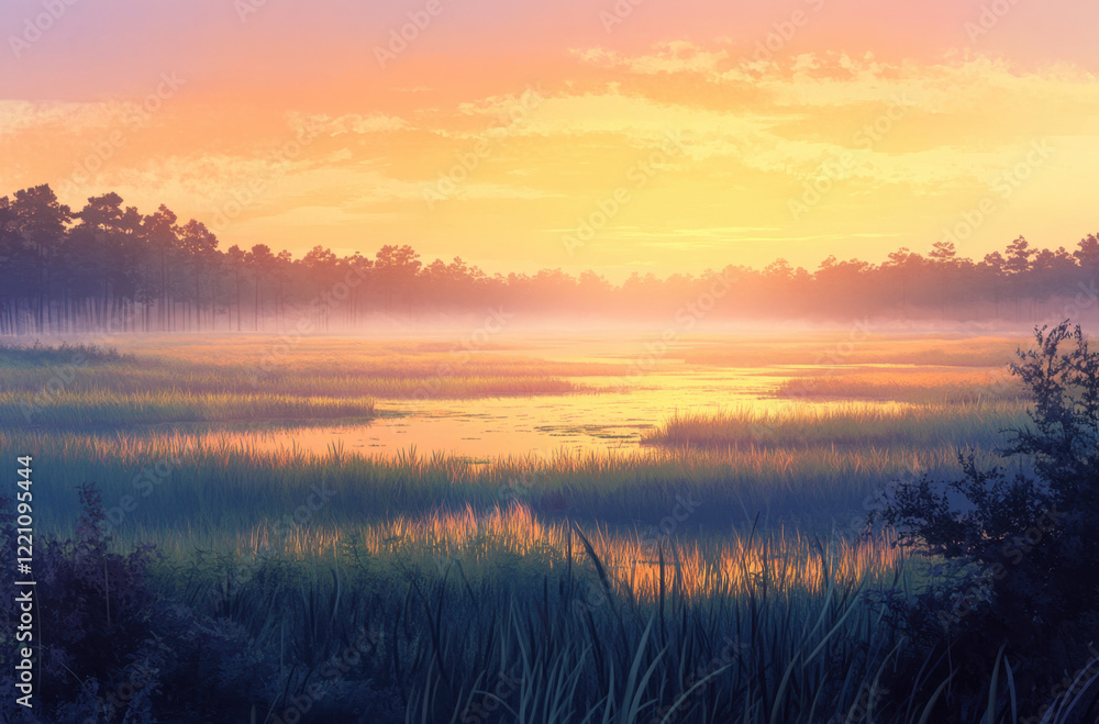 Serene sunrise illuminates the salt marshes with soft hues and gentle reflections Serene sunrise illuminates the salt marshes with soft hues and gentle reflections