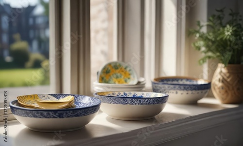 Hand-painted ceramic plates displayed on windowsill, decoration, windowsill, art, displayed