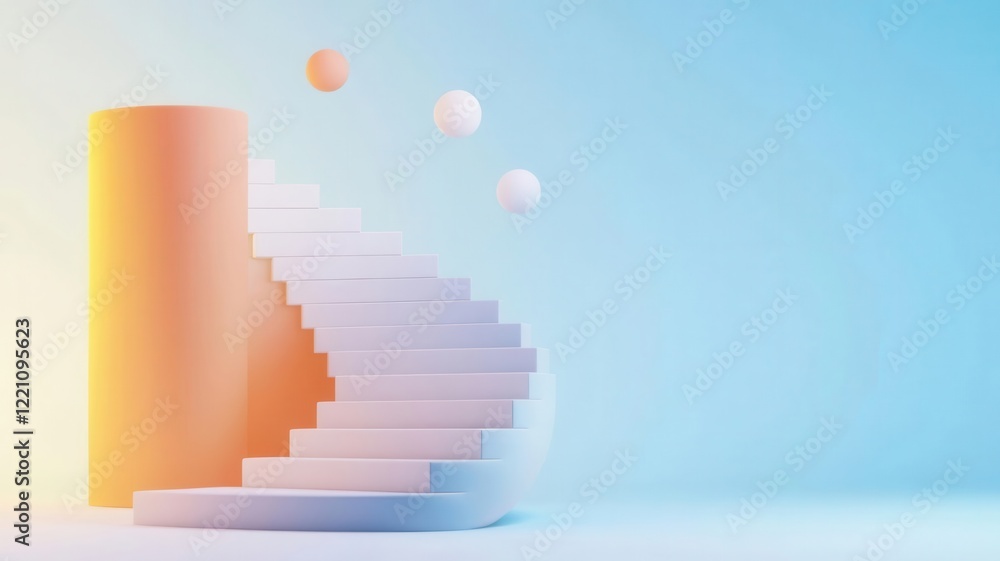 Abstract spiral staircase with floating business icons, 3D illustration, Abstract spiral staircase with floating business icons, 3D illustration,