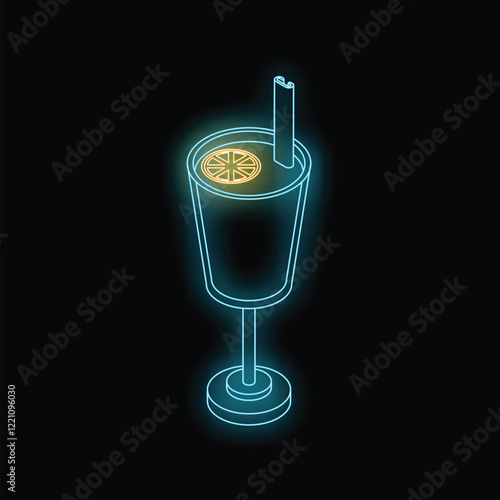 Glowing neon cocktail with slice of citrus fruit and straw isometric icon illustration on black background