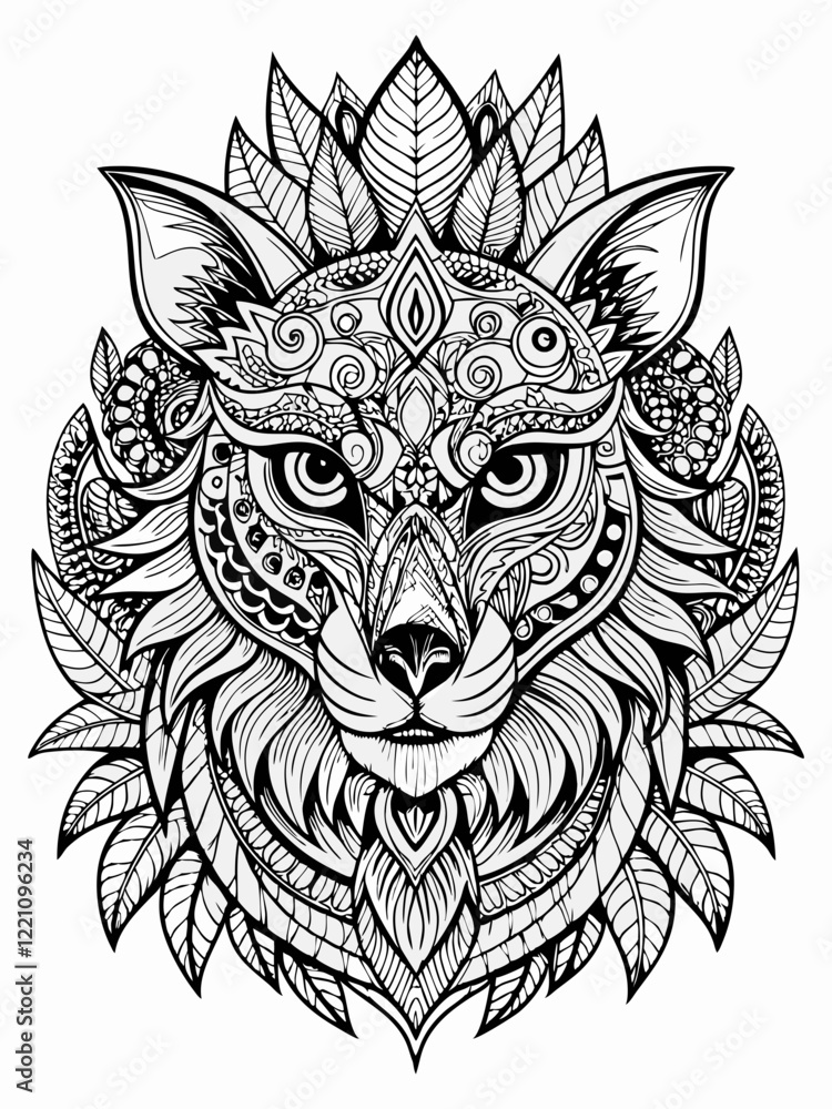 Obraz premium Animal Face Mandala Coloring Page for Adults, black and white, black line art, Isolated on white background
