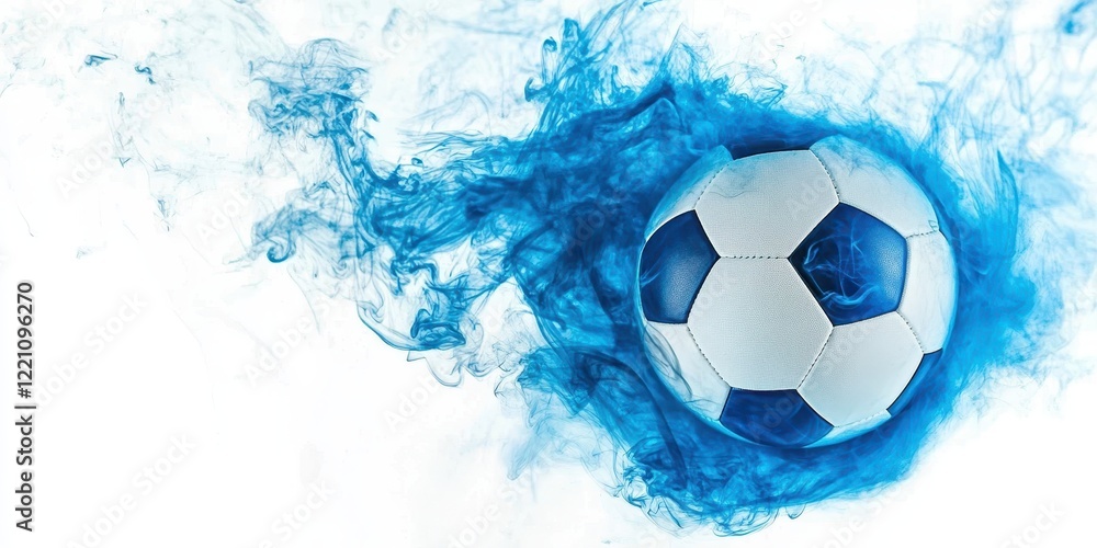 Naklejka premium Dynamic Soccer Ball Surrounded by Blue Smoke and Motion Effects