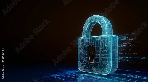 A glowing 3D lock icon made of intricate digital circuitry, levitating on a futuristic black, symbolizing cybersecurity and encryption. Personal data locked and safe digital security