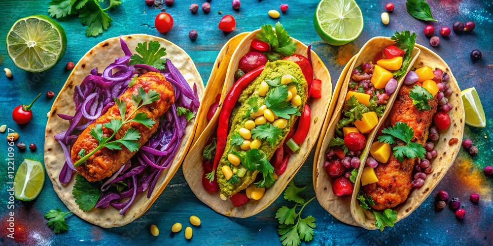 Fototapeta premium Vibrant Vegan Taco Trio Overhead: Colorful Plant-Based Fiesta