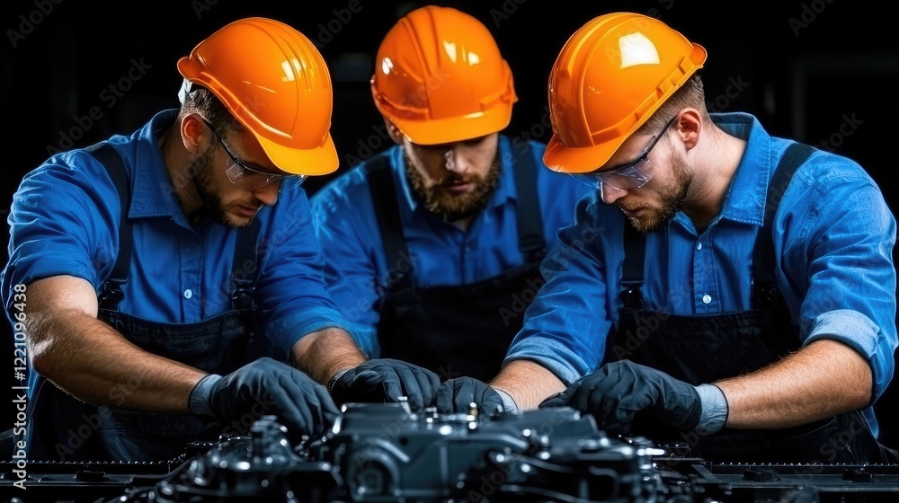 Three male mechanics in hard hats and safety glasses collaborate closely on engine repair, showcasing teamwork and expertise. Three male mechanics in hard hats and safety glasses collaborate closely on engine repair, showcasing teamwork and expertise.