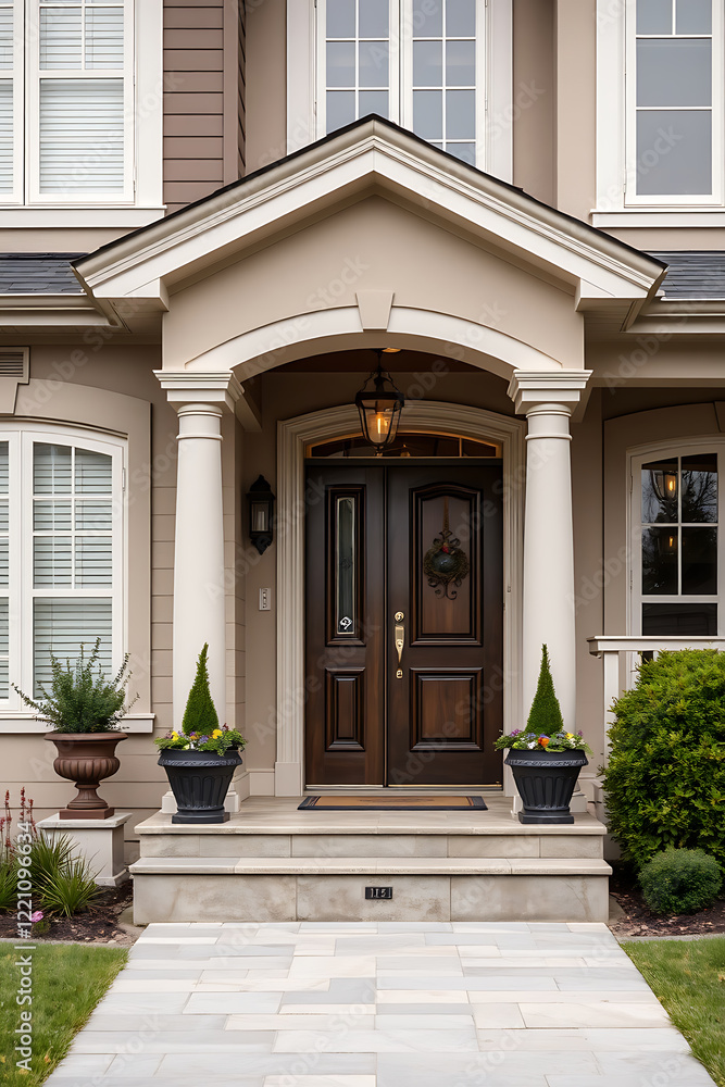 Elegant Home Exterior with Classic Columns and Stone Pathway. Luxury Real Estate. Beautiful Architecture and Landscaping Design. Elegant Home Exterior with Classic Columns and Stone Pathway. Luxury Real Estate. Beautiful Architecture and Landscaping Design.