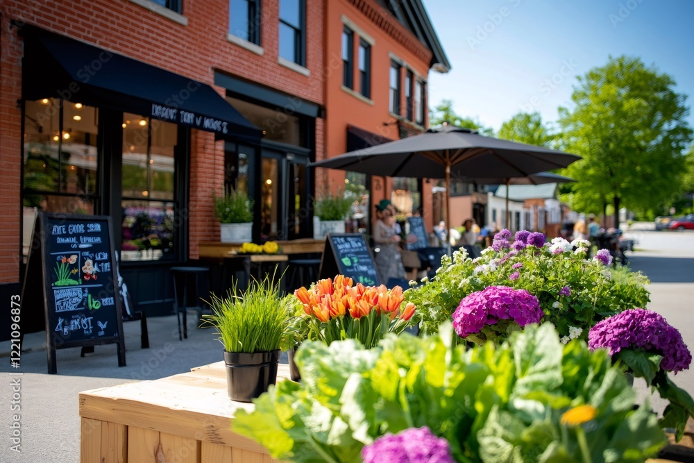 Obraz premium Colorful flowers decorating a wooden crate in front of a restaurant in Hudson, Quebec, Canada