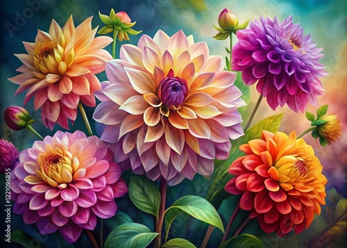 Vibrant Watercolor Dahlia Flowers, Botanical Illustration, Floral Art Print,  Right-Aligned Composition with Copy Space