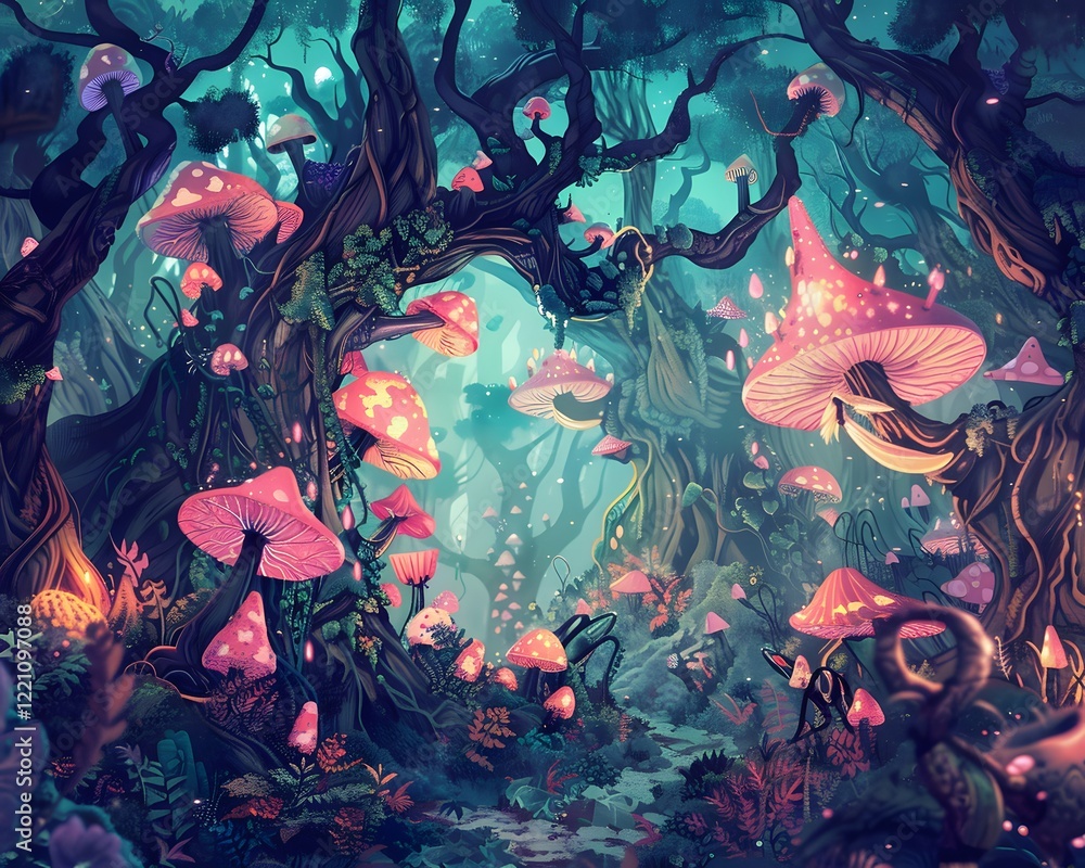 Fototapeta premium Illustration of Fantasy world where illustrated creatures come to life in a mesmerizing animated forest full of vibrant colors. Ai Generate. 