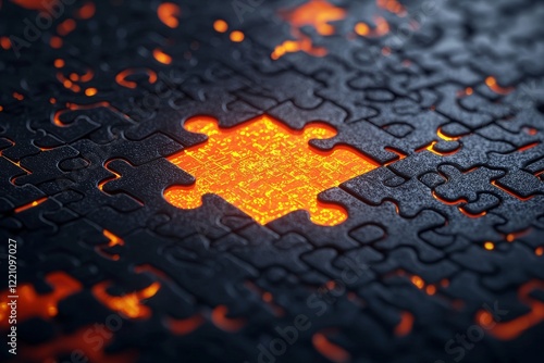 Close-up of a puzzle with one missing piece, glowing from beneath. Represents the importance of connection and completion. photo