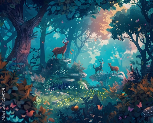 Wallpaper Mural Illustration of Fantasy world where illustrated creatures come to life in a mesmerizing animated forest full of vibrant colors. Ai Generate.
 Torontodigital.ca