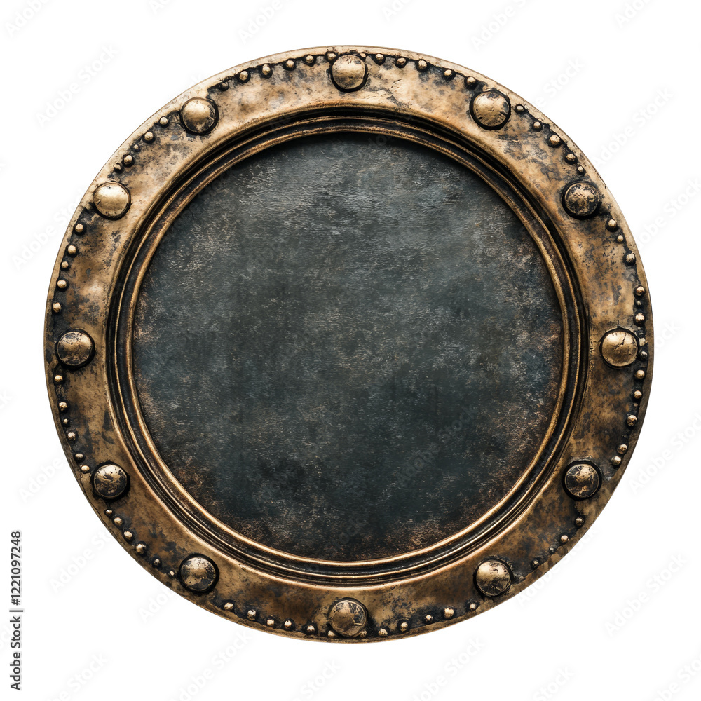 Fototapeta premium A circular metal plate with an aged bronze frame and decorative rivets is shown against a black background.