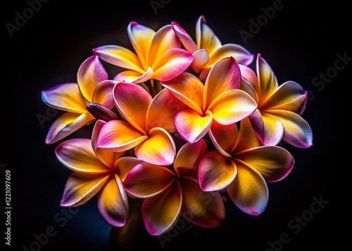 Vibrant Yellow-Pink Plumeria Bouquet, Night Bloom, Exotic Flowers, Top View