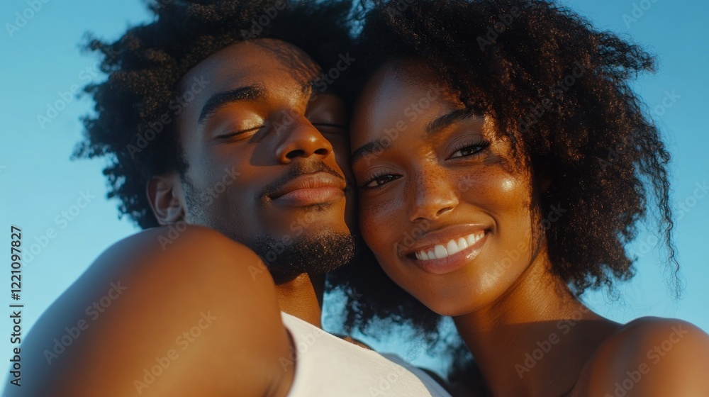 A young couple embraces under a clear blue sky A young couple embraces under a clear blue sky