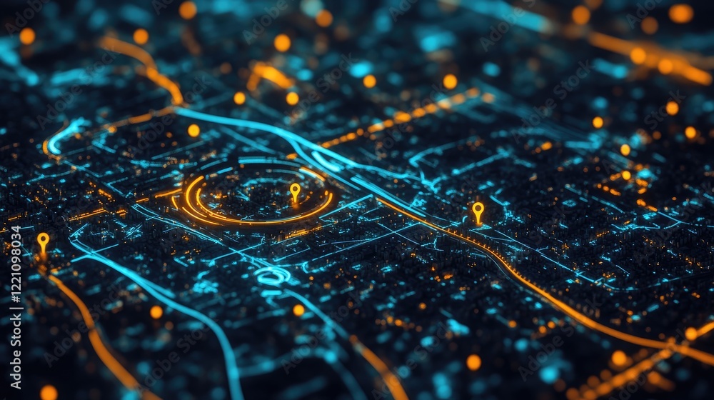 Fototapeta premium Geospatial intelligence and logistics management visualized on a city map, with location pins marking delivery and transport points.