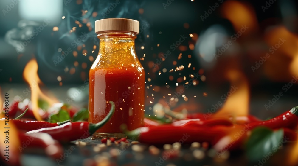 A striking bottle of spicy hot sauce captures attention against a dramatic blurred backdrop, illustrating the excitement of culinary adventures with vibrant flavors. A striking bottle of spicy hot sauce captures attention against a dramatic blurred backdrop, illustrating the excitement of culinary adventures with vibrant flavors.