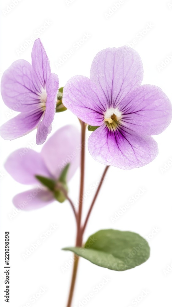 Delicate purple flowers with intricate petals and green leaves standing against a white background Delicate purple flowers with intricate petals and green leaves standing against a white background